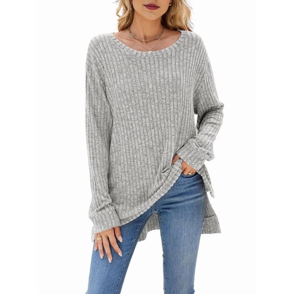 Womens Y2K Split Side Knit Sweater Crewneck Long Sleeve Pullover Solid Knit Side Slit Blouse Tunics Light Gray XL