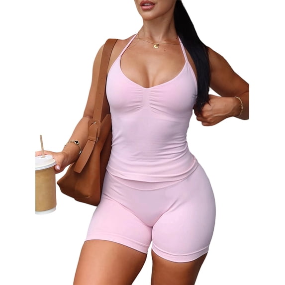 Womens Y2K Sporty Yoga Top Shorts Set Summer Workout Fitness Outfit Activewear Two Piece Pink S