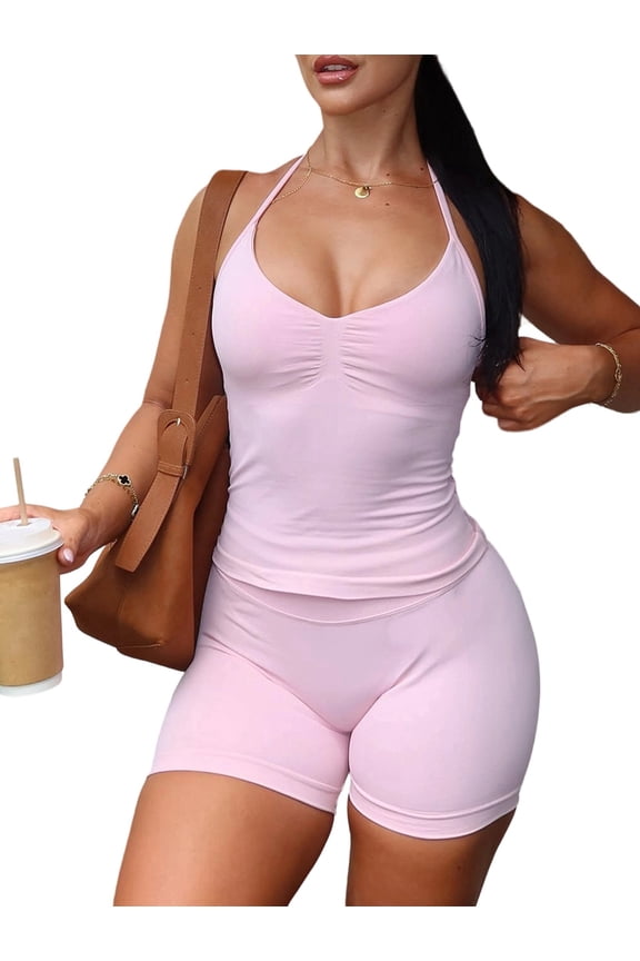 Womens Y2K Sporty Yoga Top Shorts Set Summer Workout Fitness Outfit Activewear Two Piece Pink S