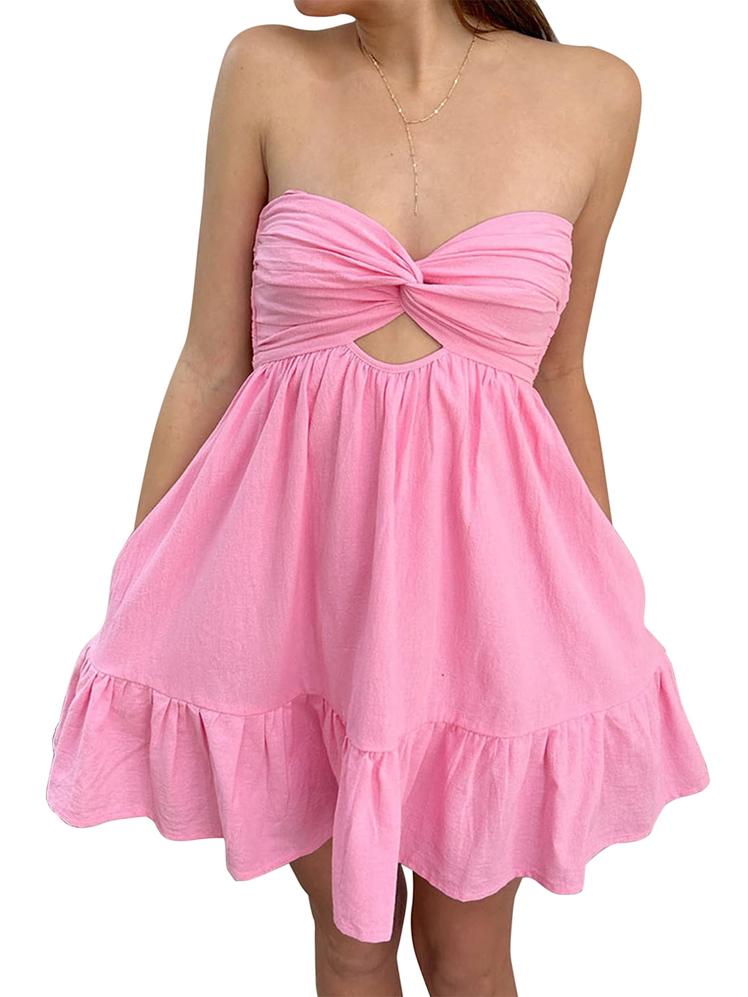 Womens Y2K Strapless Tube Dress Twist Knot Front Cut Out Babydoll Dress Smocked Backless Flowy Ruffle Hem Dresses - Walmart.com Womens Y2K Strapless Tube Dress Twist Knot Front Cut Out Babydoll Dress Smocked Backless Flowy Ruffle Hem Dresses - Walmart.com