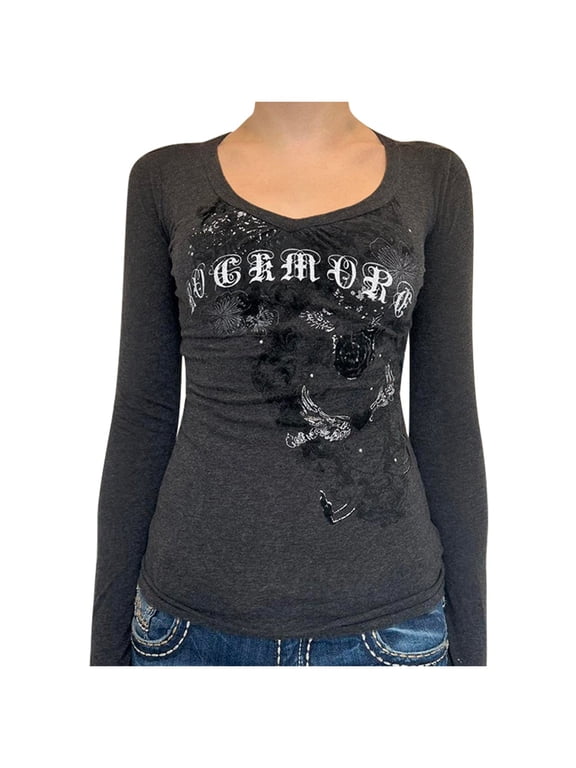 Womens Y2K Tops Long Sleeve Shirts Vintage Graphic Tees Fall Winter Blouses Emo Clothes 2000s Goth Top Women Trendy Streetwear