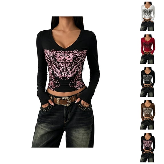 Womens Y2K Tops Long Sleeve Slim Fit Cropped Graphic T-Shirts Casual Going Out Shirts Fashion Streetwear