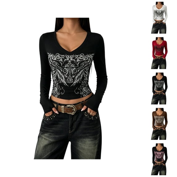 Womens Y2K Tops Long Sleeve Slim Fit Cropped Graphic T-Shirts Casual Going Out Shirts Fashion Streetwear