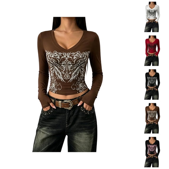 Womens Y2K Tops Long Sleeve Slim Fit Cropped Graphic T-Shirts Casual Going Out Shirts Fashion Streetwear