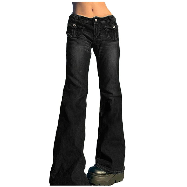 Women Retro Straight Jeans Wide Leg Cargo Trousers Bottom Denim