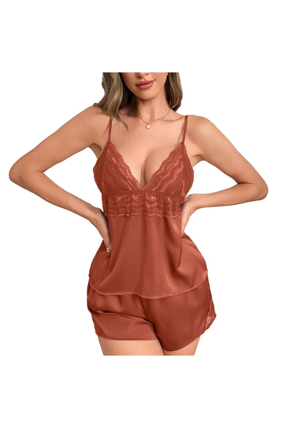 Womens Y2k 2 Piece Lace Shorts Set Sleeveless V Neck Cami Top with Shorts Satin Slik Pajamas Sets Sleepwear