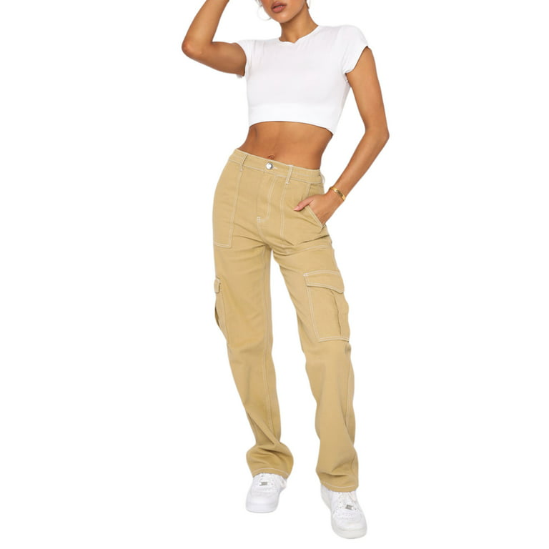 Womens Y2k Cargo Pants Straight Leg Baggy Jeans Solid Color High