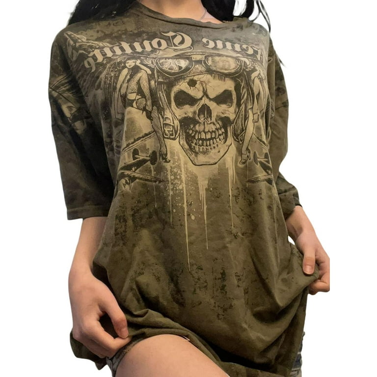 Womens Y2k Grunge Graphic T Shirt EGirl Punk Gothic Vintage Harajuku Tee  Shirt Short Sleeve Skull Print Loose Top Streetwear - Walmart.com