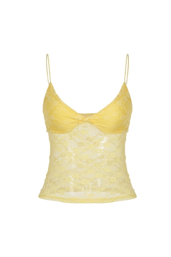 Womens Y2k Lace Tank Tops Going Out Crop Tops Spaghetti Strap Mesh See Through Camisole Summer Casual Tops Yellow L