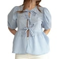thumbnail image 1 of Womens Y2k Leopard Print Peplum Babydoll /4 Length Puff Sleeve Cute Going Out Tops Blue L, 1 of 3