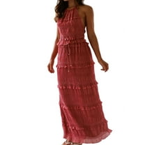 Womens Y2k Maxi Skirt Set Backless Lace Halter Crop Top and Long Skirt Sets Beach Dress 2 PCS Outfit Brick Red L