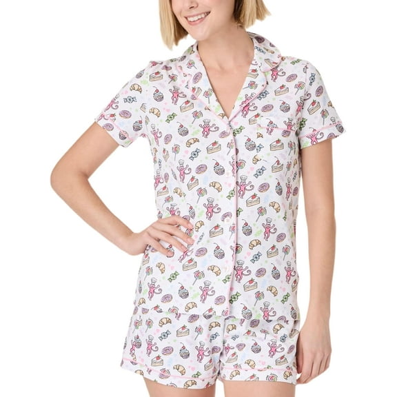 Womens Y2k Pajamas Set 2 Piece Button Down Monkey Shorts Set Roller Dupes Rabbit Preppy Loungewear Pjs