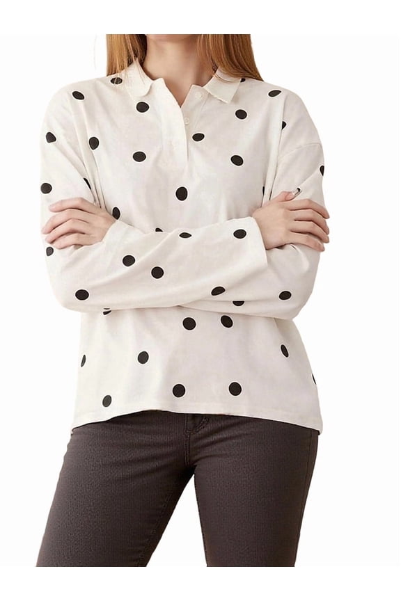 Womens Y2k Polka Dots Po-Lo Shirts Long Sleeve Lapel Drop Shoulder Pullover Fall Preppy Loose Sweatshirt White S