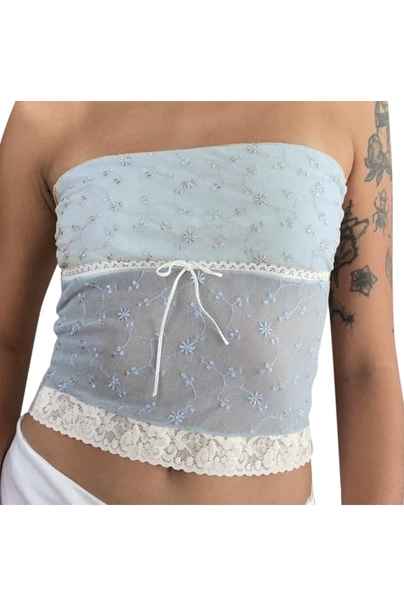 Womens Y2k Sexy Sheer Lace Frill Strapless Tube Crop Tops Fairy Grunge Sleeveless Summer Bandeau Vest Top Streetwear