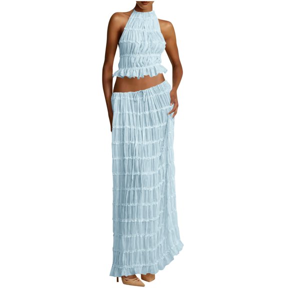 Womens Y2k Skirt Set Backless Lace Halter Crop Top and Long Skirt Sets Beach Cocktail Club Dress Fashion Outfit