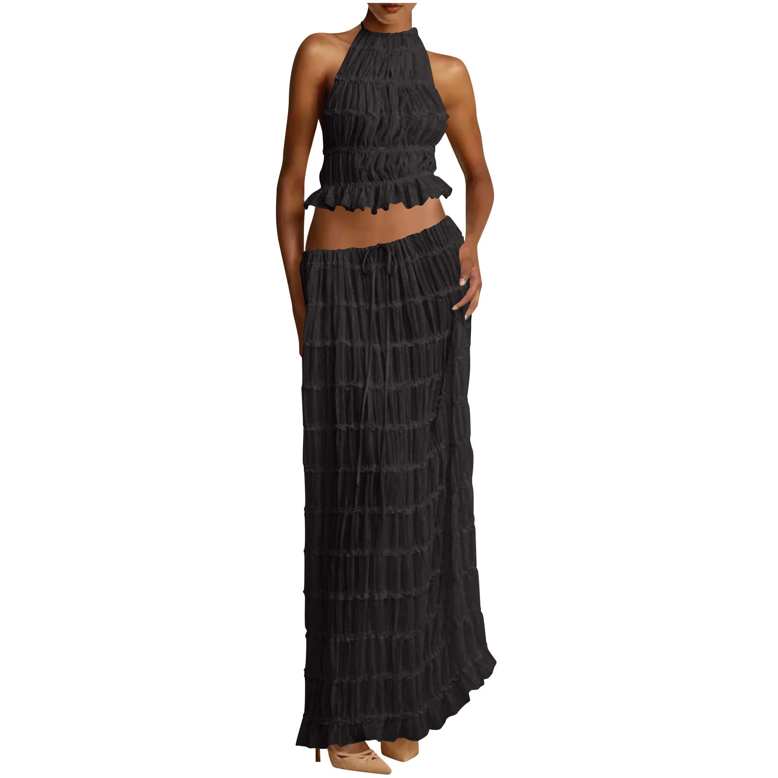 Womens Y2k Skirt Set Backless Lace Halter Crop Top and Long Skirt Sets Beach Cocktail Club Dress Fashion Outfit