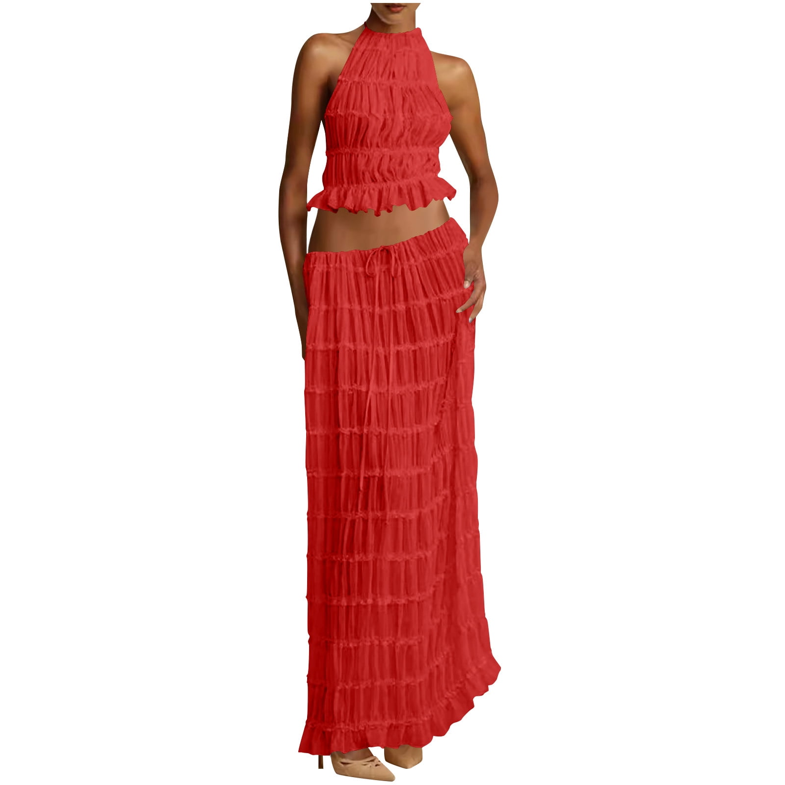 Womens Y2k Skirt Set Backless Lace Halter Crop Top and Long Skirt Sets Beach Cocktail Club Dress Fashion Outfit