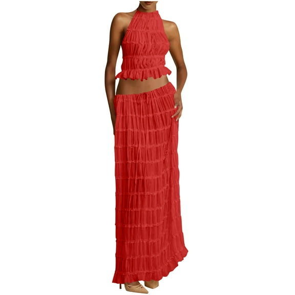 Womens Y2k Skirt Set Backless Lace Halter Crop Top and Long Skirt Sets Beach Cocktail Club Dress Fashion Outfit