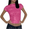 thumbnail image 1 of Womens Y2k Sparkly Tops, Short Sleeve Shirts for Women Summer Cropped Shiny Solid Color Crewneck Tees S-XL, 1 of 5