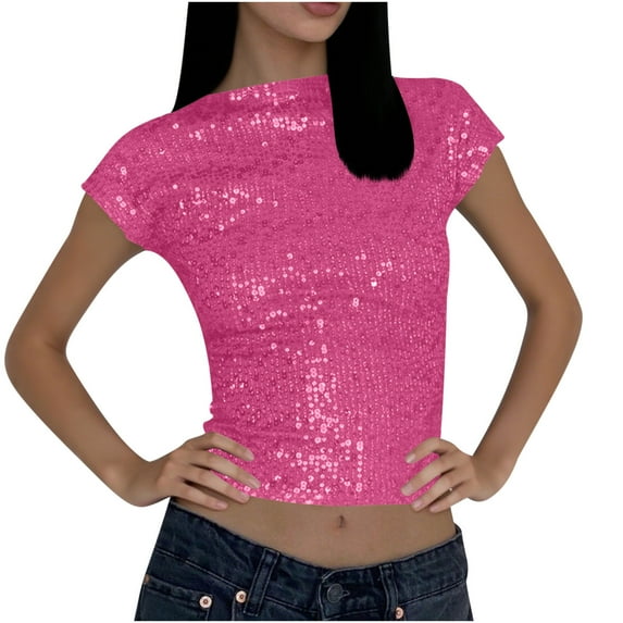 Womens Y2k Sparkly Tops, Short Sleeve Shirts for Women Summer Cropped Shiny Solid Color Crewneck Tees S-XL
