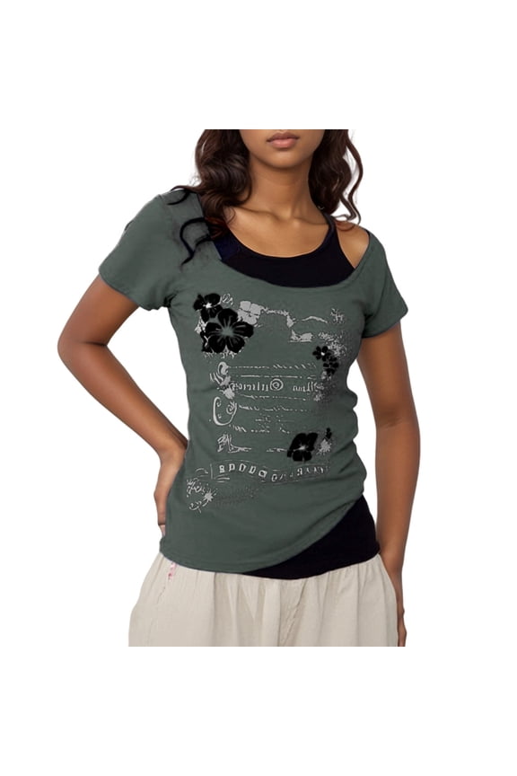 Womens Y2k Tops 2000s Vintage Two Piece Short Sleeve T Shirt Graphic Print Crop Cute Fashion Tees