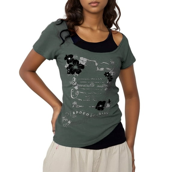 Womens Y2k Tops 2000s Vintage Two Piece Short Sleeve T Shirt Graphic Print Crop Cute Fashion Tees