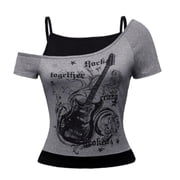 Womens Y2k Tops 2000s Vintage Two Piece Short Sleeve T Shirt Graphic Print Crop Cute Fashion Tees
