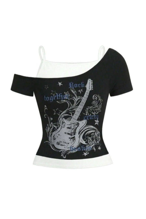 Womens Y2k Tops 2000s Vintage Two Piece Short Sleeve T Shirt Graphic Print Crop Cute Fashion Tees