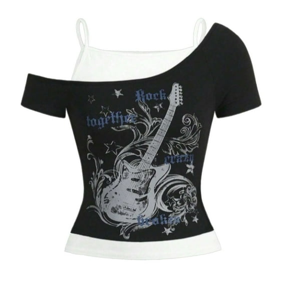 Womens Y2k Tops 2000s Vintage Two Piece Short Sleeve T Shirt Graphic Print Crop Cute Fashion Tees