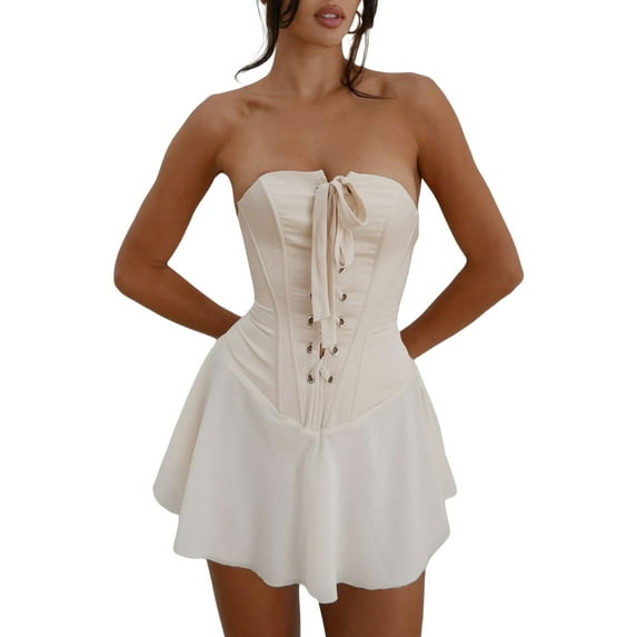 Womens Y2k Tube Dress Strapless Off Shoulder Front Cross Bandage Corset Dress Club Mini Dress