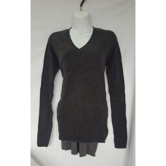 Womens YOON Ribbed V-Neck Sweater Asymmetrical Hem Black Grey XS