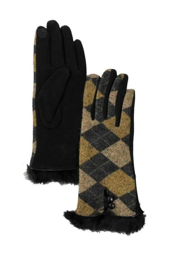 Womens Yellow & Black Argyle Faux Fur Stretch Fit Text & Tech Touchscreen Gloves