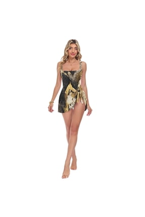 Womens Yellow Black Python Pattern Print 2-in-1 Swim Dress Detachable Skirt One-Piece Swimsuit Square Neck S-XXL