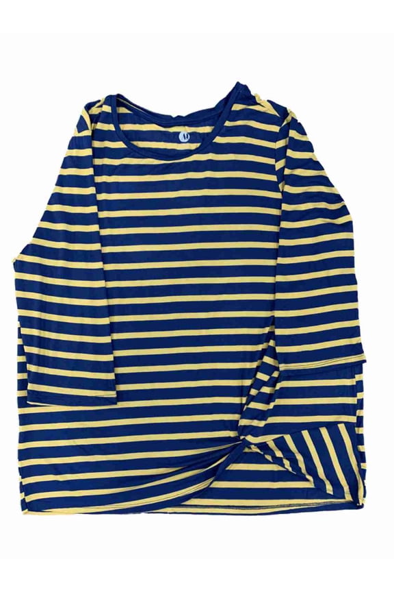 Womens Yellow & Blue Stripe Side Knot Twist 3/4 Sleeve Lightweight Shirt Top 2X