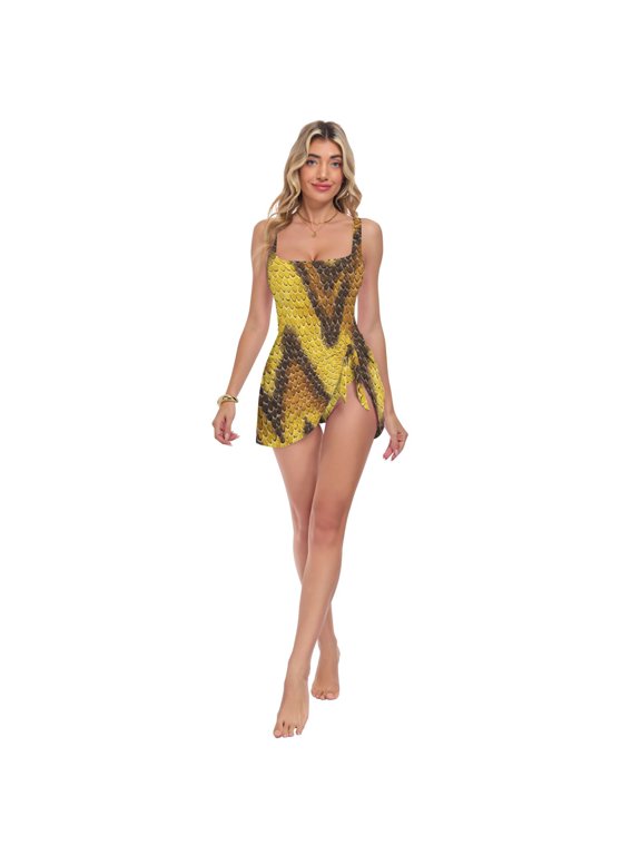 Womens Yellow Brown Python Pattern Print 2-in-1 Swim Dress Detachable Skirt One-Piece Swimsuit Square Neck S-XXL