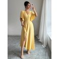 thumbnail image 1 of Womens Yellow Button-Front Cinched Waist A-Line Maxi Dress, 1 of 7