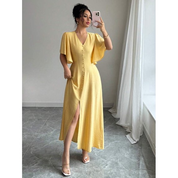Womens Yellow Button-Front Cinched Waist A-Line Maxi Dress