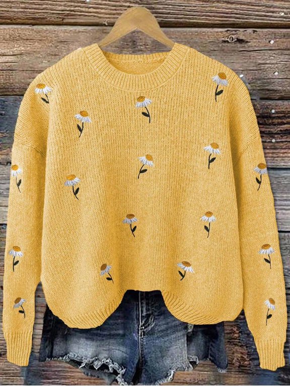 Womens Yellow Casual Long Sleeve Pullover Sweater With Daisy Floral