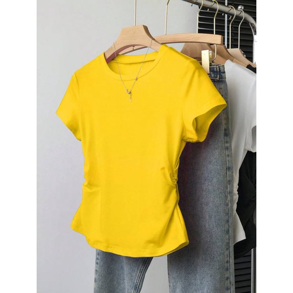 Womens Yellow Crew Neck Short Sleeve T-Shirt With Ruched Side Detail