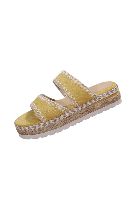 Womens Yellow Faux Suede Wedge Espadrille Slide Sandals - Platform Two-Strap Open Toe Cushioned Summer Beach Shoes,Size 5