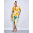 thumbnail image 1 of Womens Yellow Floral Print Deep V-Neck Bodycon Maxi Dress With Side Slit, 1 of 5