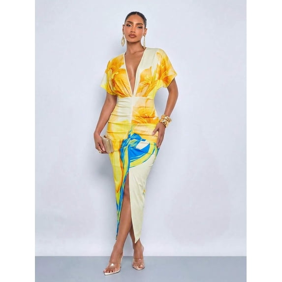 Womens Yellow Floral Print Deep V-Neck Bodycon Maxi Dress With Side Slit