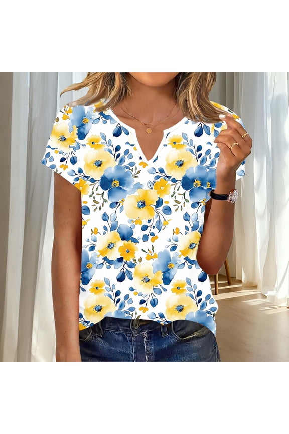 Womens Yellow Floral Print V-Neck Top Short Sleeve Casual Blouse Summer Knit Shirt Relaxed Fit Stretchy Tee,Size L