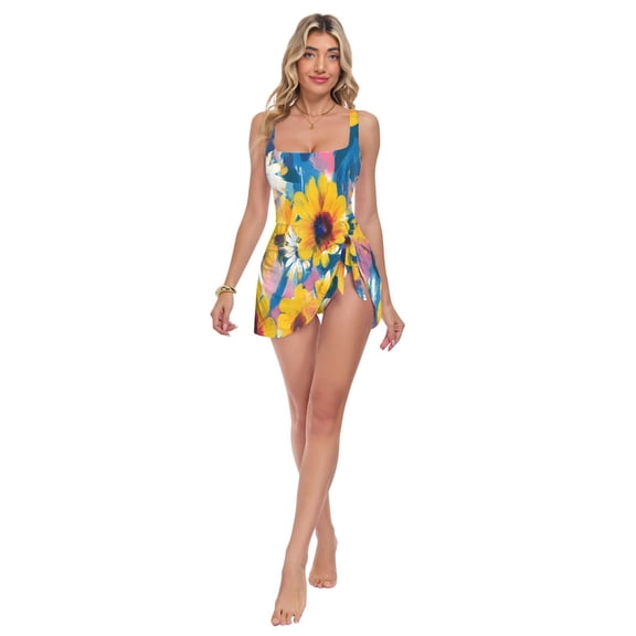 Womens Yellow Flowers Pattern Print 2-in-1 Swim Dress Detachable Skirt One-Piece Swimsuit Square Neck S-XXL