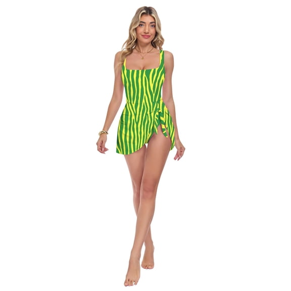 Womens Yellow Green Zebra Pattern Print 2-in-1 Swim Dress Detachable Skirt One-Piece Swimsuit Square Neck S-XXL
