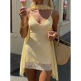 thumbnail image 1 of Womens Yellow Lace Slip Mini Dress With Halter Scarf V-Neck Summer Sundress, 1 of 8