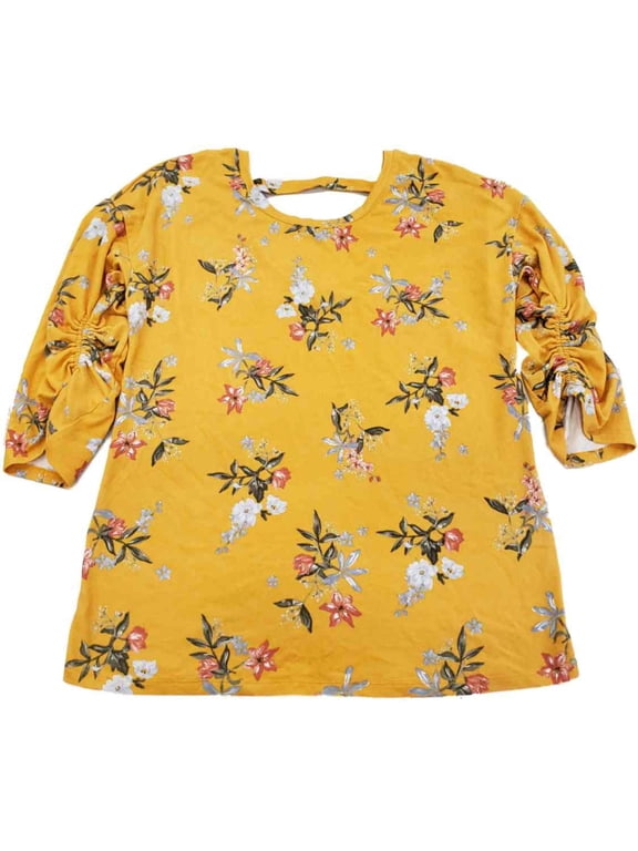Womens Yellow Orange Floral Soft Ruched Sleeve T-Shirt Tee Shirt Top L