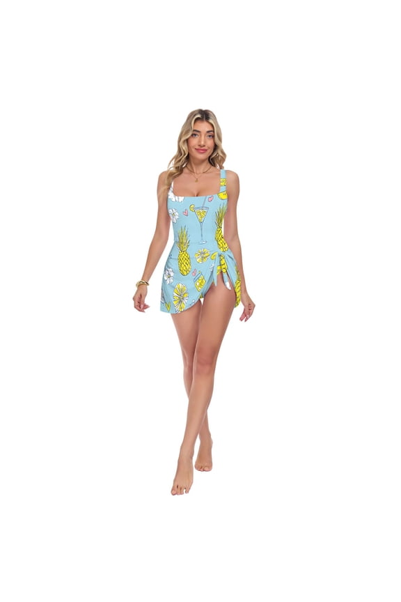 Womens Yellow Pineapple Pattern Print 2-in-1 Swim Dress Detachable Skirt One-Piece Swimsuit Square Neck S-XXL