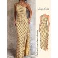 thumbnail image 1 of Womens Yellow Polka Dot One Shoulder Long Dress, Ruffle Hem Slit, 1 of 10