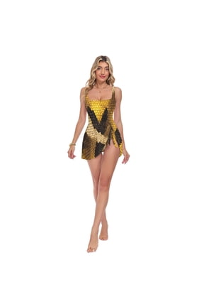 Womens Yellow Python Pattern Print 2-in-1 Swim Dress Detachable Skirt One-Piece Swimsuit Square Neck S-XXL
